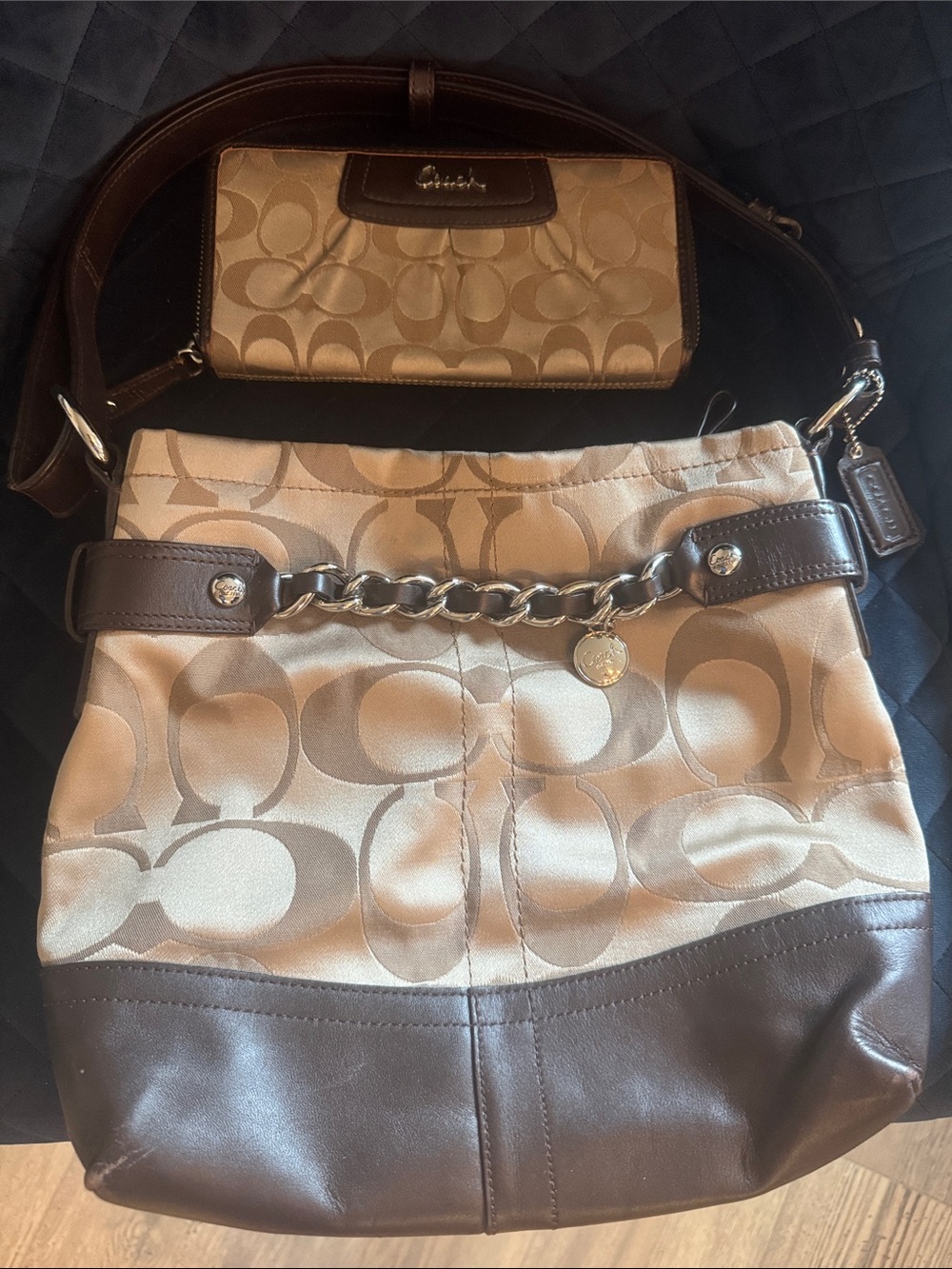 Coach Beige Signature Canvas Shoulder Bag with Brown Leather Trim